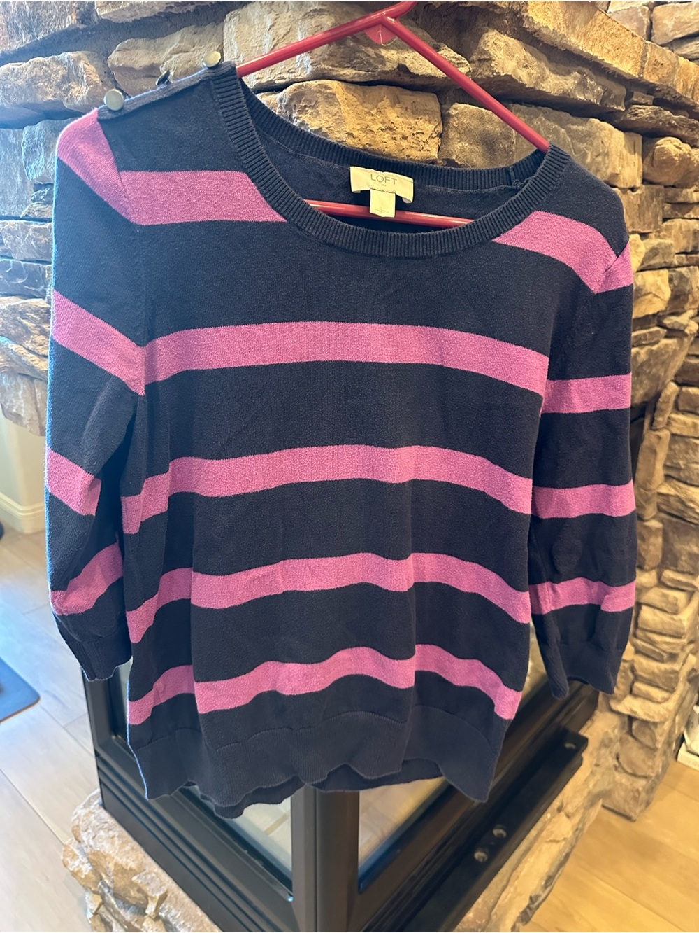 LOFT Black and Pink Striped Crewneck Sweater